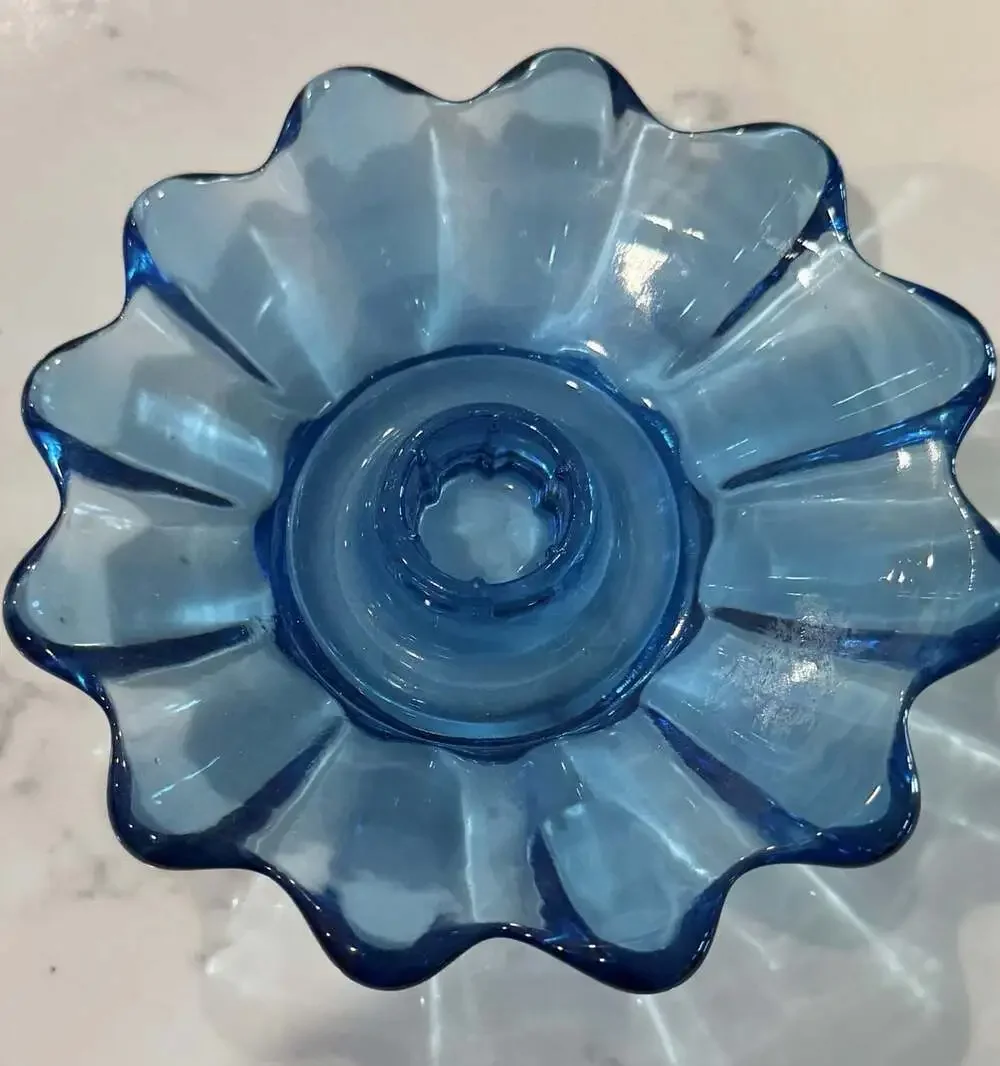 Pair Fostoria MCM Vintage cobalt glass petal candlestick holders